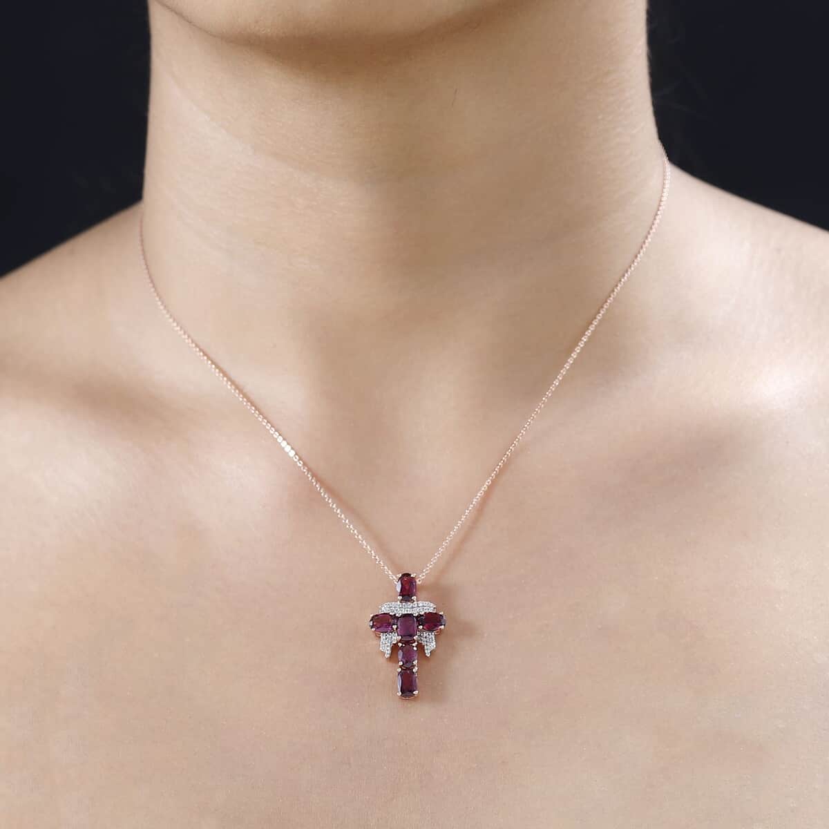 GP Royal Art Deco Collection Orissa Rhodolite Garnet and White Zircon Cross Pendant Necklace 20 Inches in Vermeil Rose Gold Over Sterling Silver 4.20 ctw image number 2