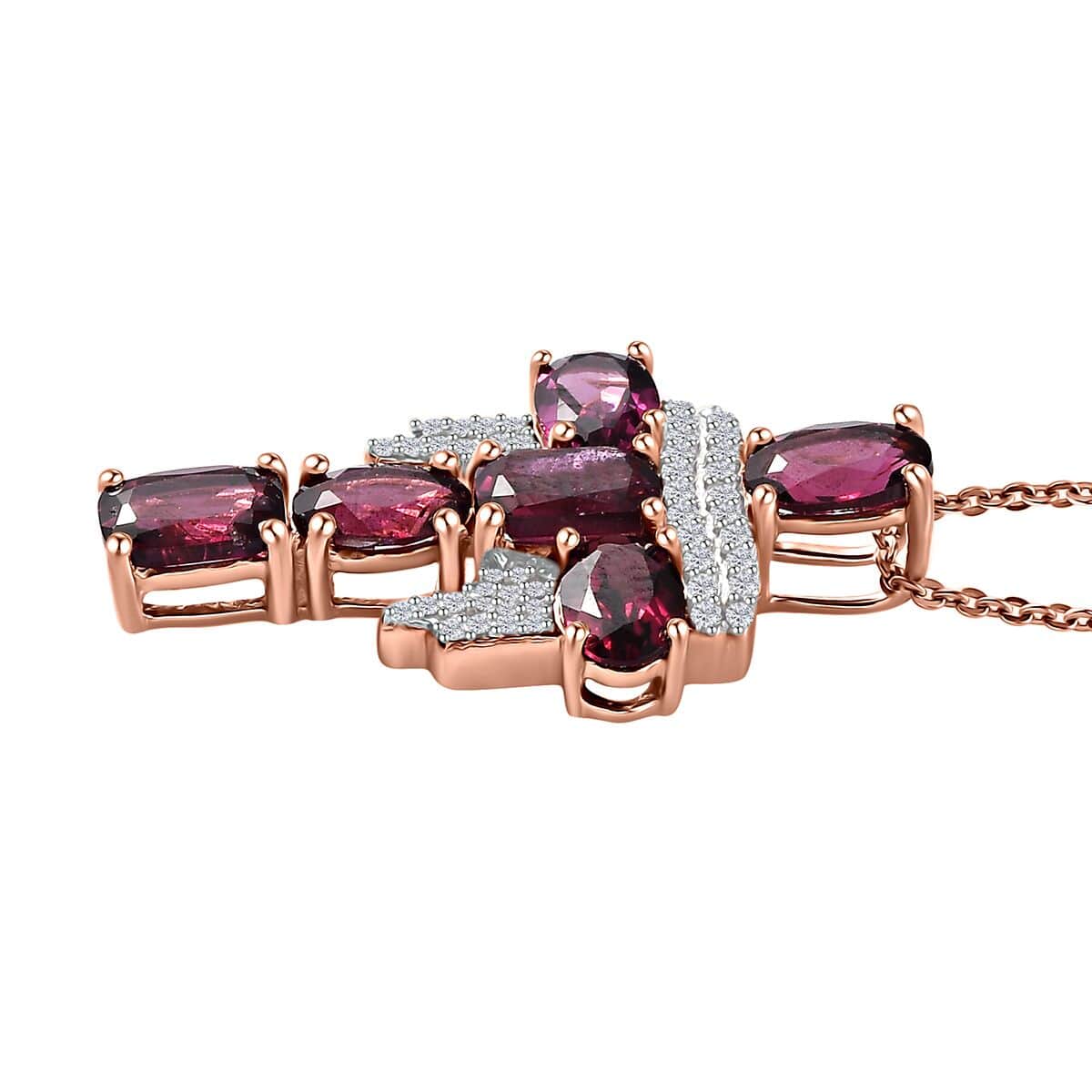 GP Royal Art Deco Collection Orissa Rhodolite Garnet and White Zircon Cross Pendant Necklace 20 Inches in Vermeil Rose Gold Over Sterling Silver 4.20 ctw image number 3