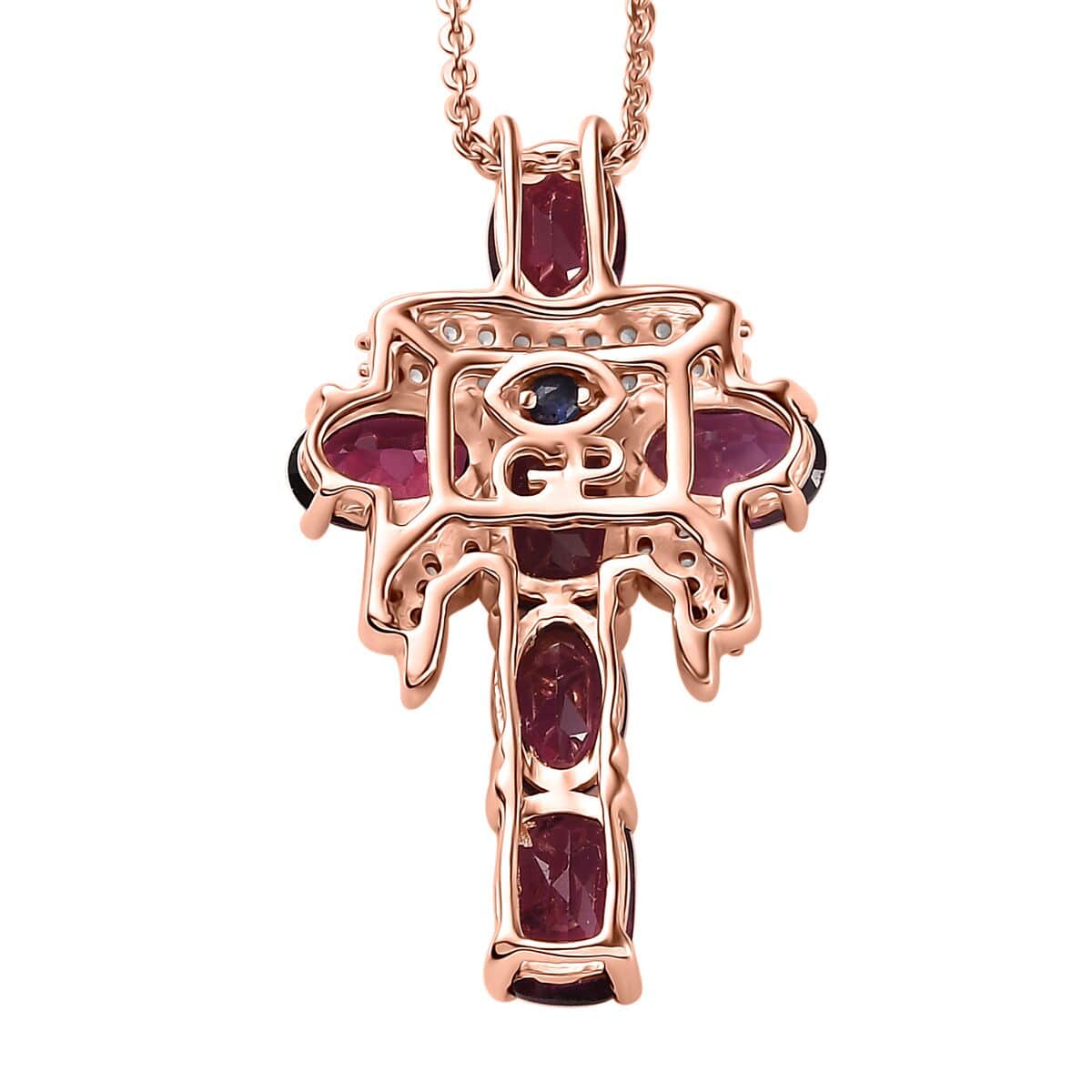 GP Royal Art Deco Collection Orissa Rhodolite Garnet and White Zircon Cross Pendant Necklace 20 Inches in Vermeil Rose Gold Over Sterling Silver 4.20 ctw image number 4