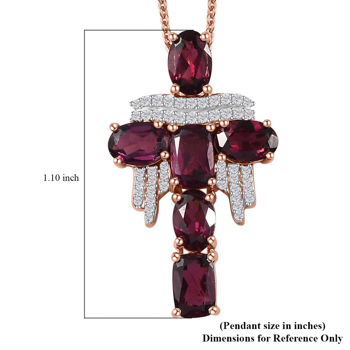 GP Royal Art Deco Collection Orissa Rhodolite Garnet and White Zircon Cross Pendant Necklace 20 Inches in Vermeil Rose Gold Over Sterling Silver 4.20 ctw image number 5