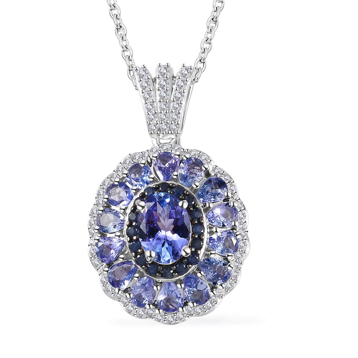 Tanzanite and Multi Gemstone Cocktail Pendant Necklace 20 Inches in Platinum Over Sterling Silver 4.35 ctw image number 0