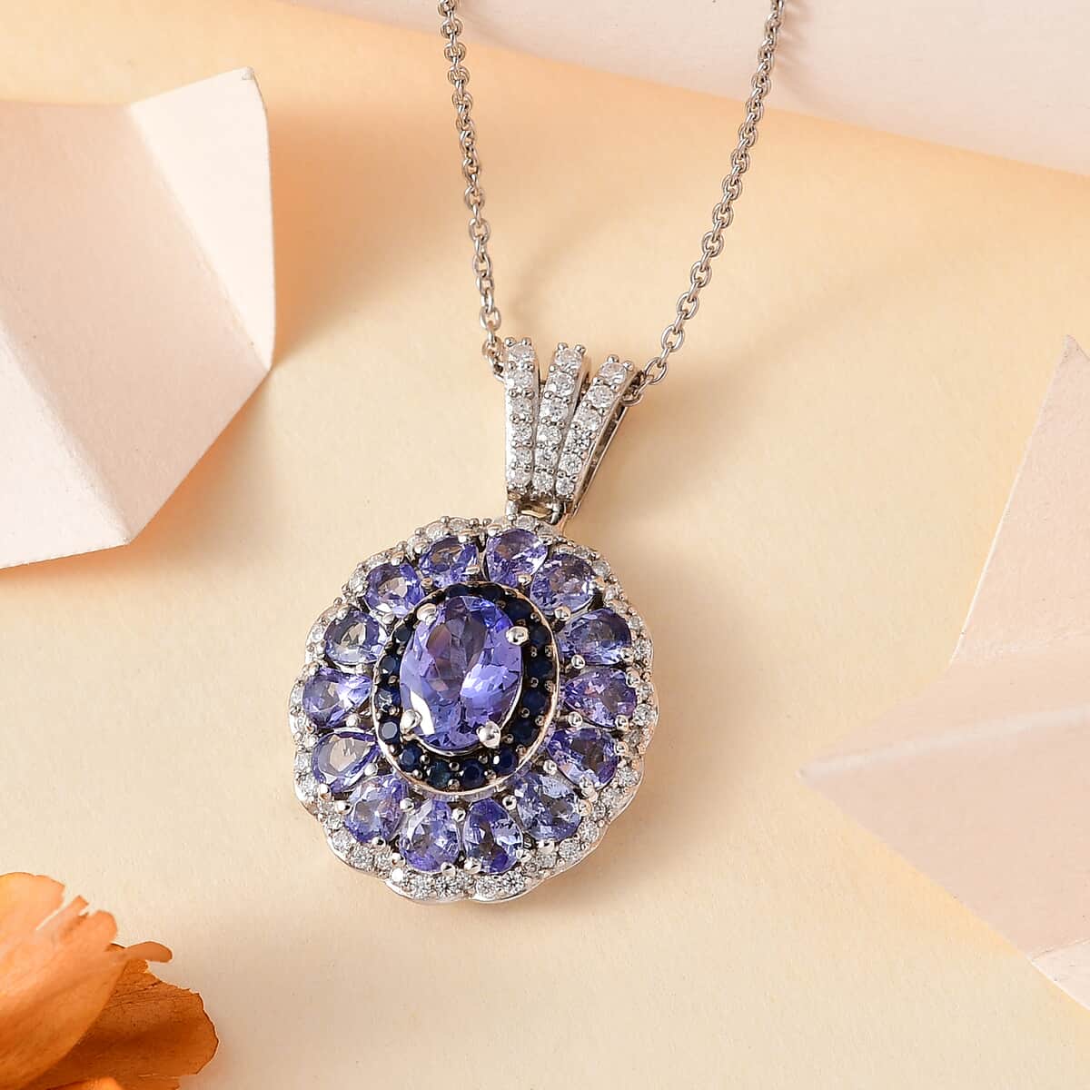 Tanzanite and Multi Gemstone Cocktail Pendant Necklace 20 Inches in Platinum Over Sterling Silver 4.35 ctw image number 1