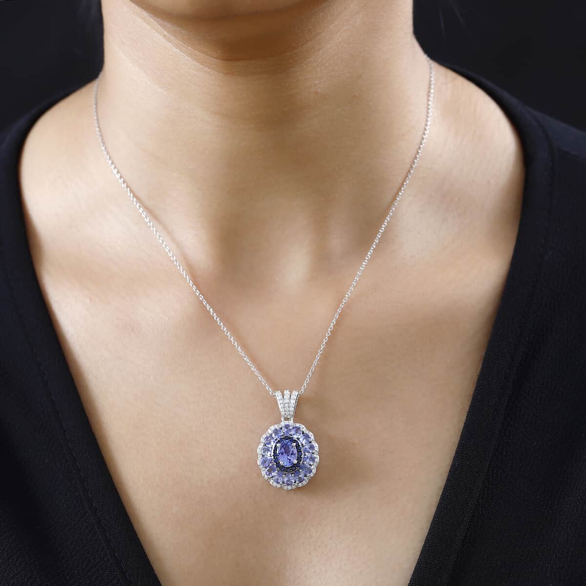 Tanzanite and Multi Gemstone Cocktail Pendant Necklace 20 Inches in Platinum Over Sterling Silver 4.35 ctw image number 2