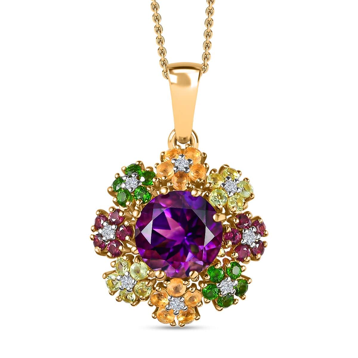 Moroccan Amethyst and Multi Gemstone Floral Pendant Necklace 20 Inches in Vermeil Yellow Gold Over Sterling Silver 5.50 ctw image number 0