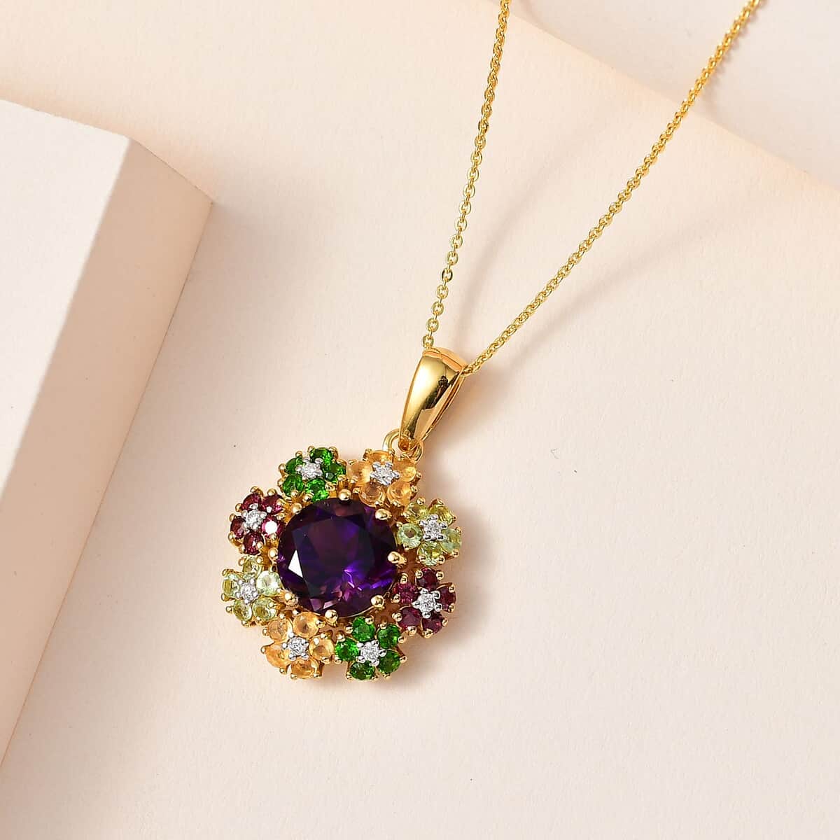 Moroccan Amethyst and Multi Gemstone Floral Pendant Necklace 20 Inches in Vermeil Yellow Gold Over Sterling Silver 5.50 ctw image number 1