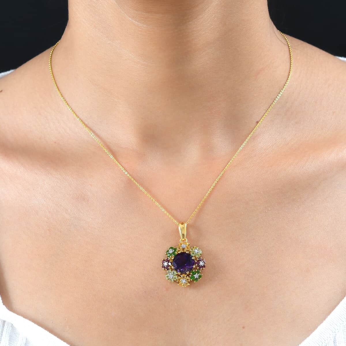 Moroccan Amethyst and Multi Gemstone Floral Pendant Necklace 20 Inches in Vermeil Yellow Gold Over Sterling Silver 5.50 ctw image number 2