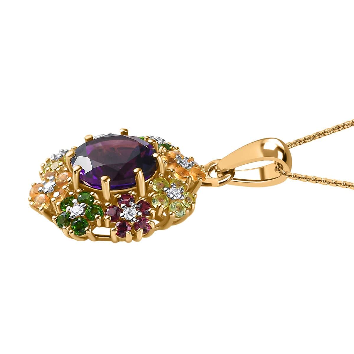 Moroccan Amethyst and Multi Gemstone Floral Pendant Necklace 20 Inches in Vermeil Yellow Gold Over Sterling Silver 5.50 ctw image number 3