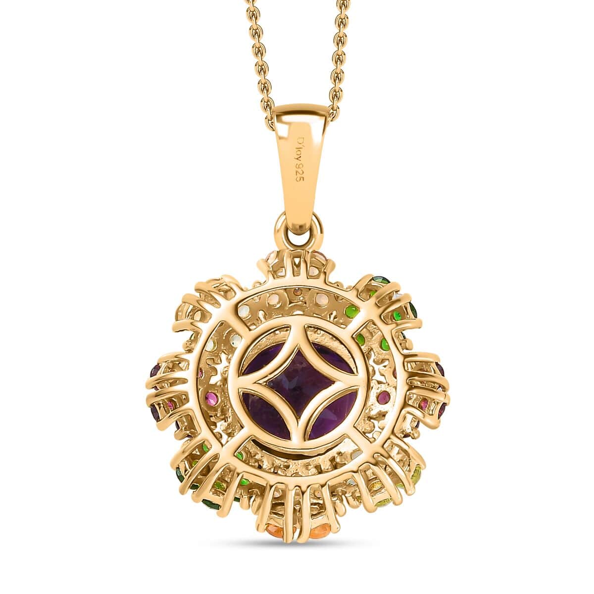Moroccan Amethyst and Multi Gemstone Floral Pendant Necklace 20 Inches in Vermeil Yellow Gold Over Sterling Silver 5.50 ctw image number 4