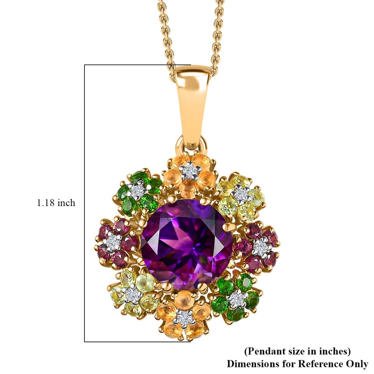 Moroccan Amethyst and Multi Gemstone Floral Pendant Necklace 20 Inches in Vermeil Yellow Gold Over Sterling Silver 5.50 ctw image number 6