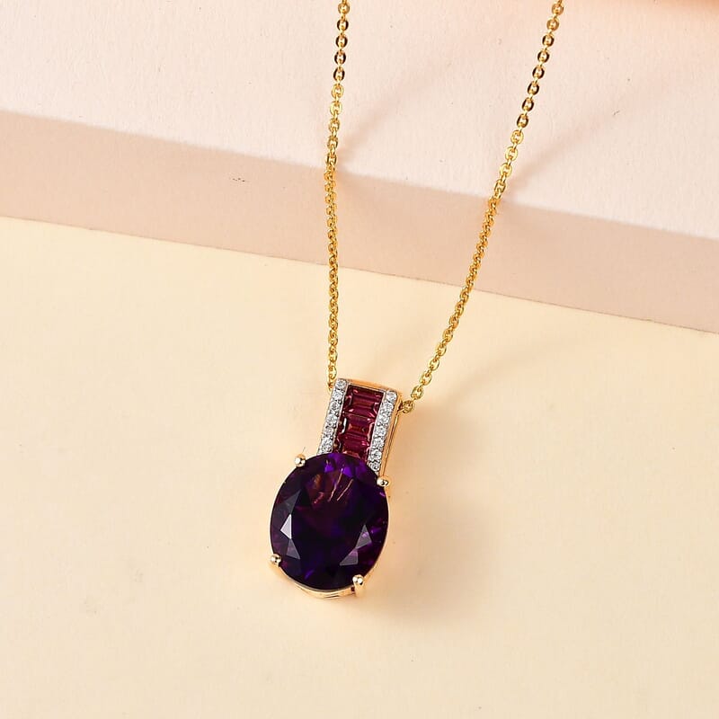 AAA Moroccan Amethyst and Multi Gemstone Pendant Necklace 20 Inches in Vermeil Yellow Gold Over Sterling Silver 5.00 ctw