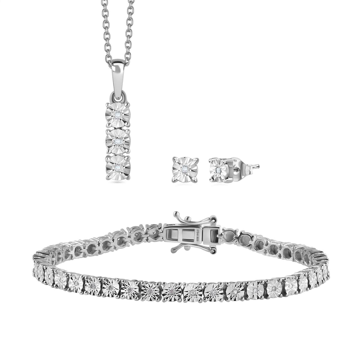 Diamond 3 Stone Pendant, Solitaire Stud Earrings and Tennis Bracelet (7.25 In) in Platinum Over Sterling Silver 0.20 ctw image number 0
