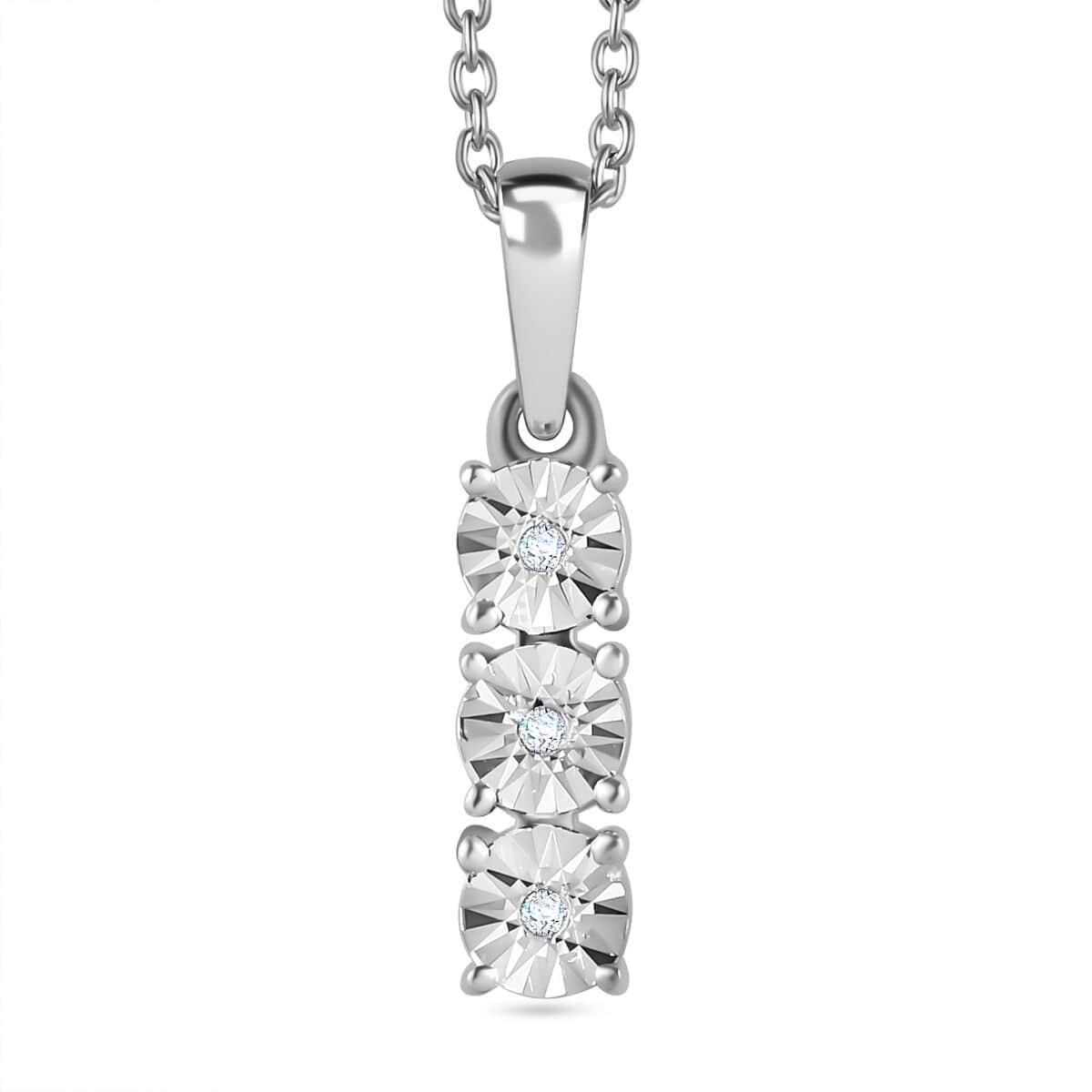 Diamond 3 Stone Pendant, Solitaire Stud Earrings and Tennis Bracelet (7.25 In) in Platinum Over Sterling Silver 0.20 ctw image number 5