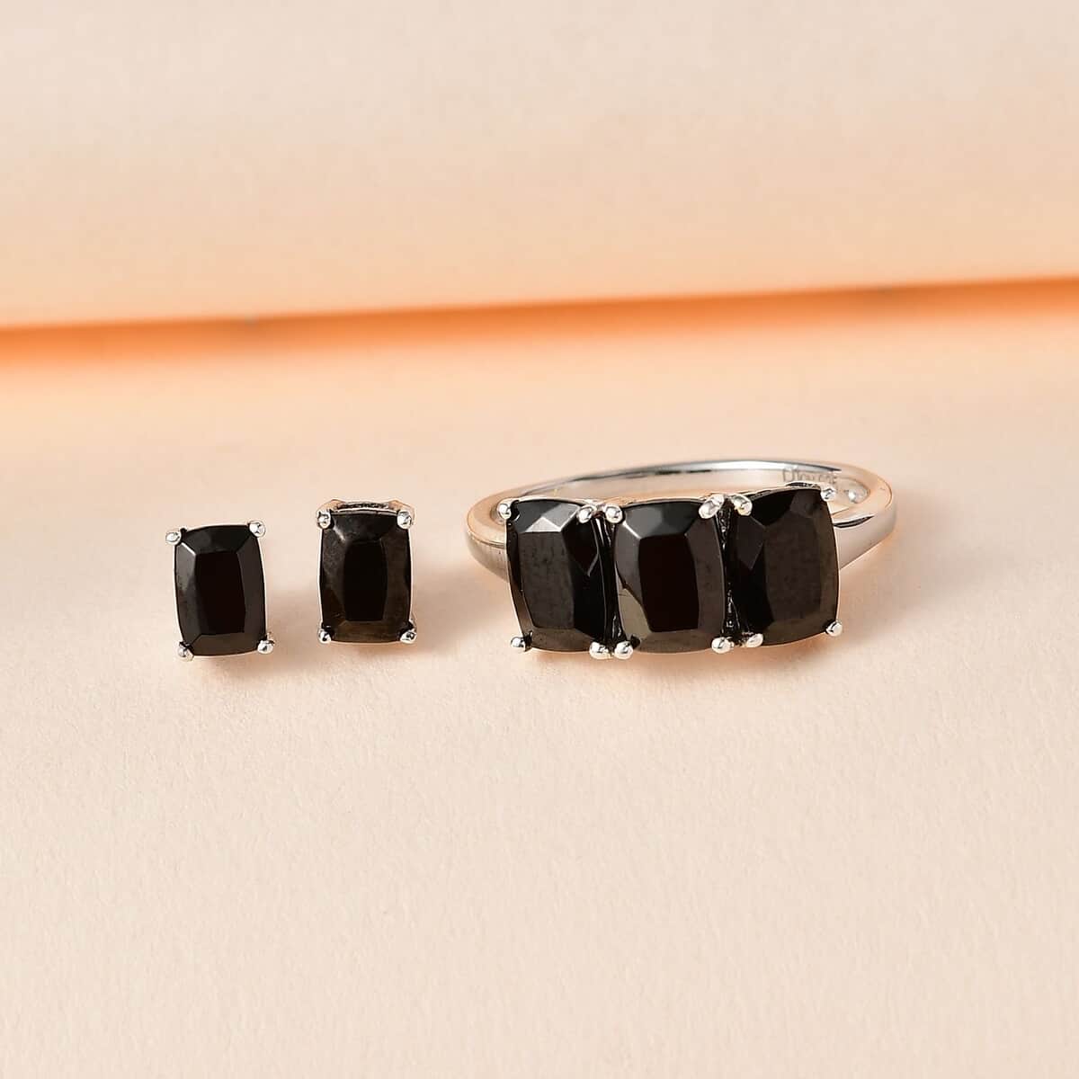 Elite Shungite Ring (Size 5.0) and Solitaire Stud Earrings in Platinum Over Sterling Silver 2.15 ctw image number 1