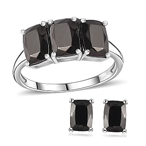 D'Joy Elite Shungite 2.40 ctw 3 Stone Ring (Size 7.0) and Solitaire Stud Earrings in Platinum Over Sterling Silver
