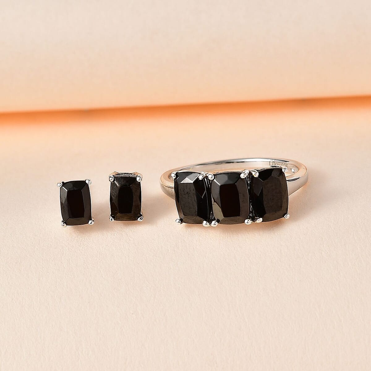 D'Joy Elite Shungite 2.40 ctw 3 Stone Ring (Size 7.0) and Solitaire Stud Earrings in Platinum Over Sterling Silver image number 1