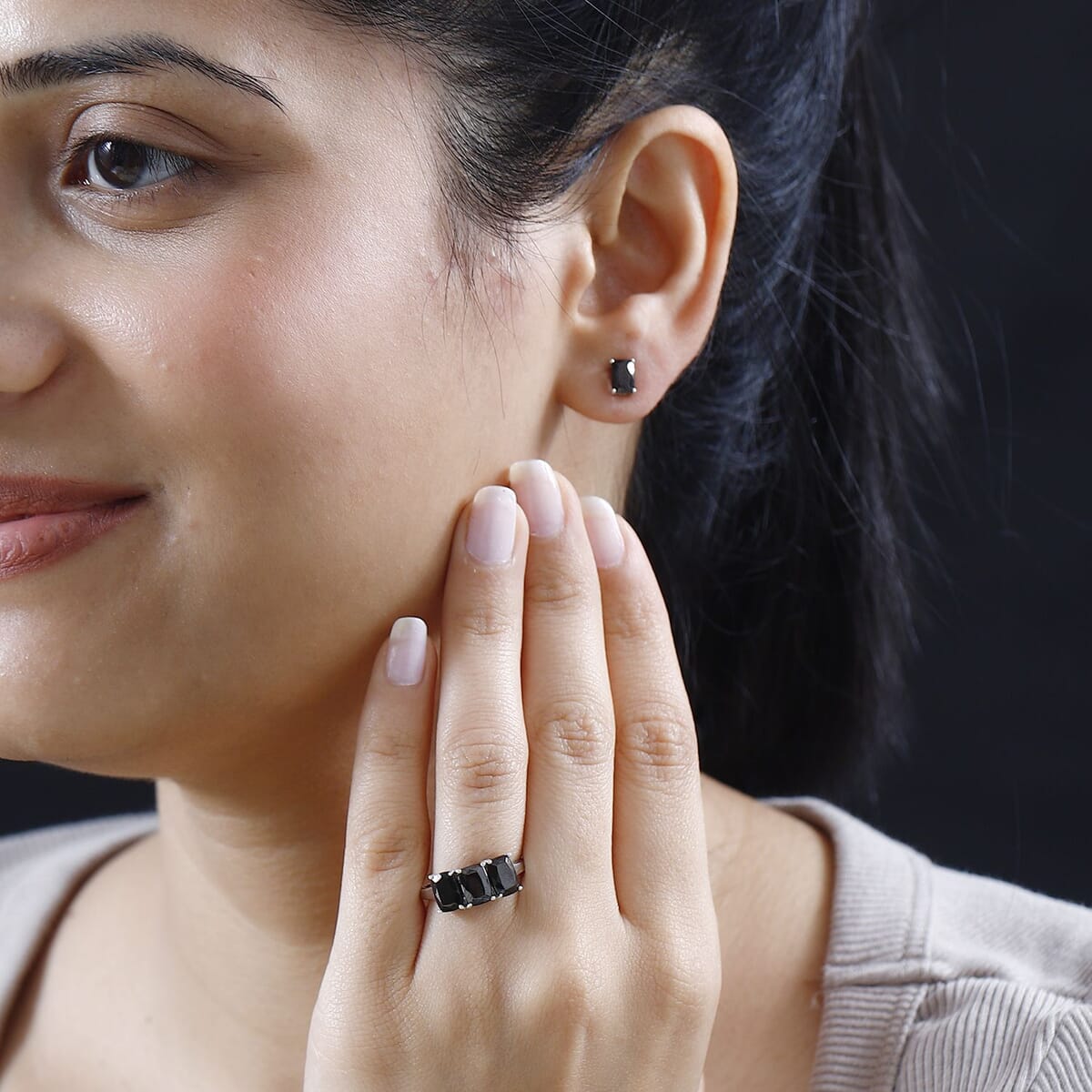 Elite Shungite 3 Stone Ring (Size 10.0) and Solitaire Stud Earrings in Platinum Over Sterling Silver 2.15 ctw image number 2