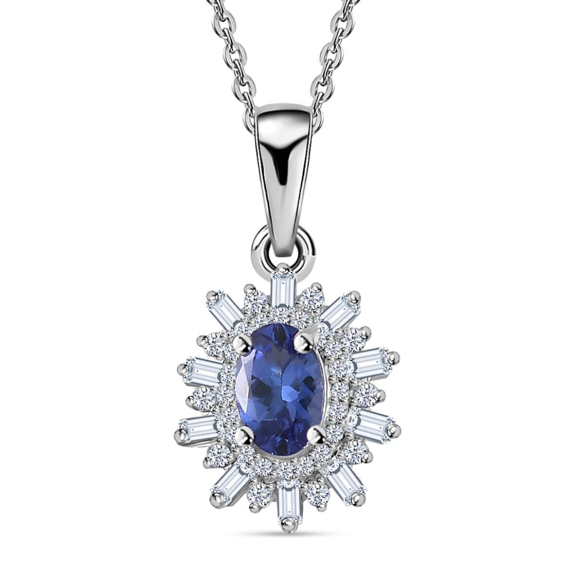 AAA Tanzanite and White Zircon Starburst Pendant Necklace 20 Inches in Platinum Over Sterling Silver 1.00 ctw image number 0