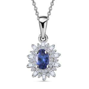 AAA Tanzanite and White Zircon Starburst Pendant Necklace 20 Inches in Platinum Over Sterling Silver 1.00 ctw
