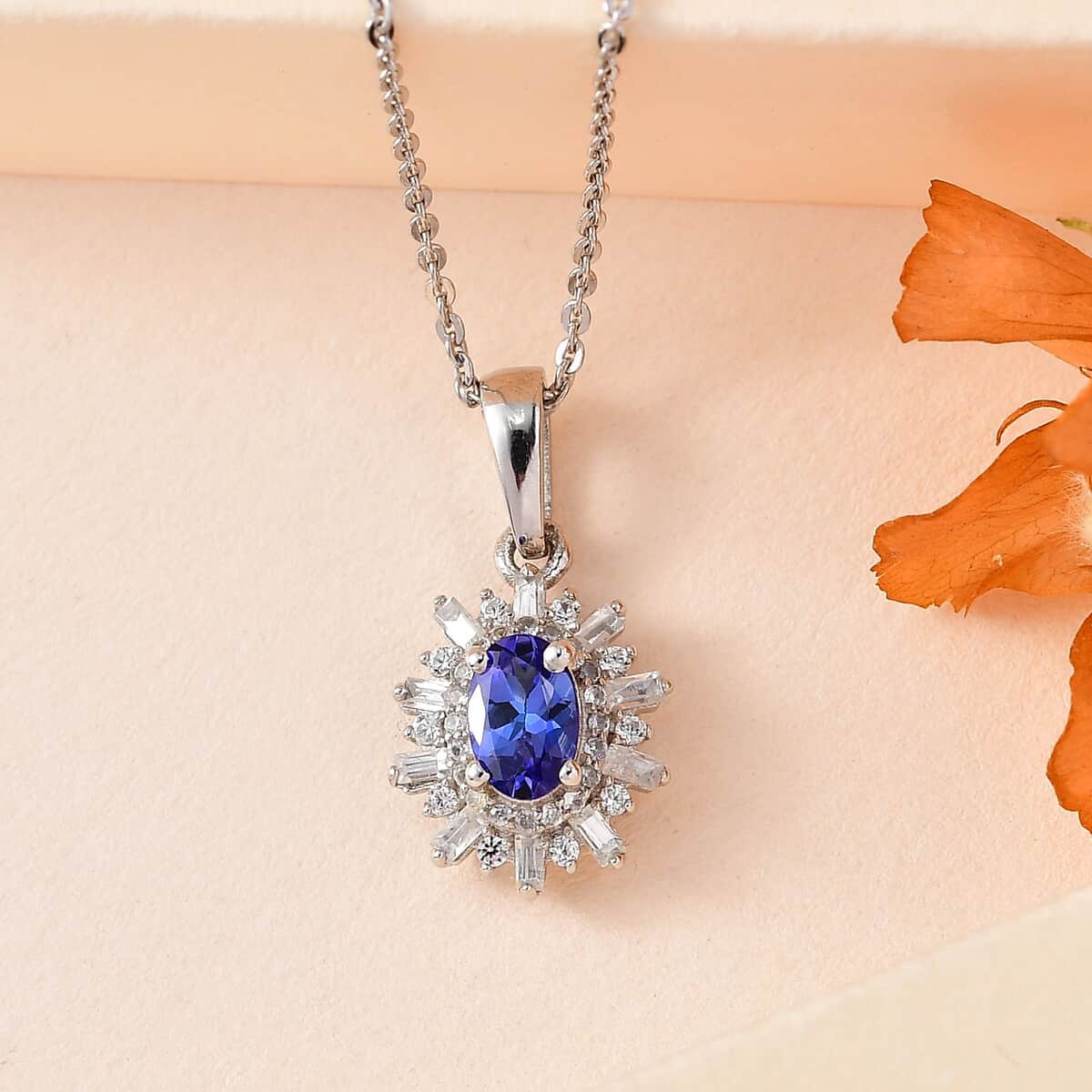 AAA Tanzanite and White Zircon Starburst Pendant Necklace 20 Inches in Platinum Over Sterling Silver 1.00 ctw image number 1