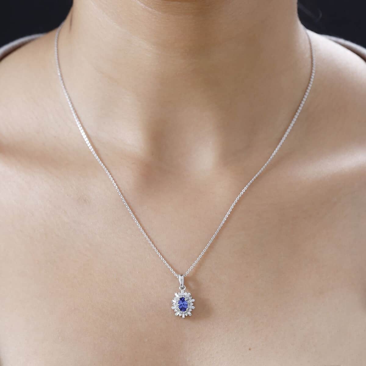 AAA Tanzanite and White Zircon Starburst Pendant Necklace 20 Inches in Platinum Over Sterling Silver 1.00 ctw image number 2