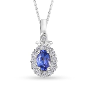 AAA Tanzanite and White Zircon Halo Pendant Necklace 20 Inches in Platinum Over Sterling Silver 0.75 ctw