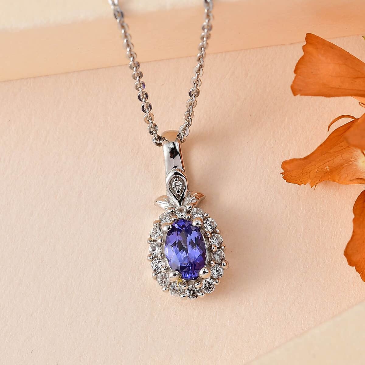 AAA Tanzanite and White Zircon Halo Pendant Necklace 20 Inches in Platinum Over Sterling Silver 0.75 ctw image number 1