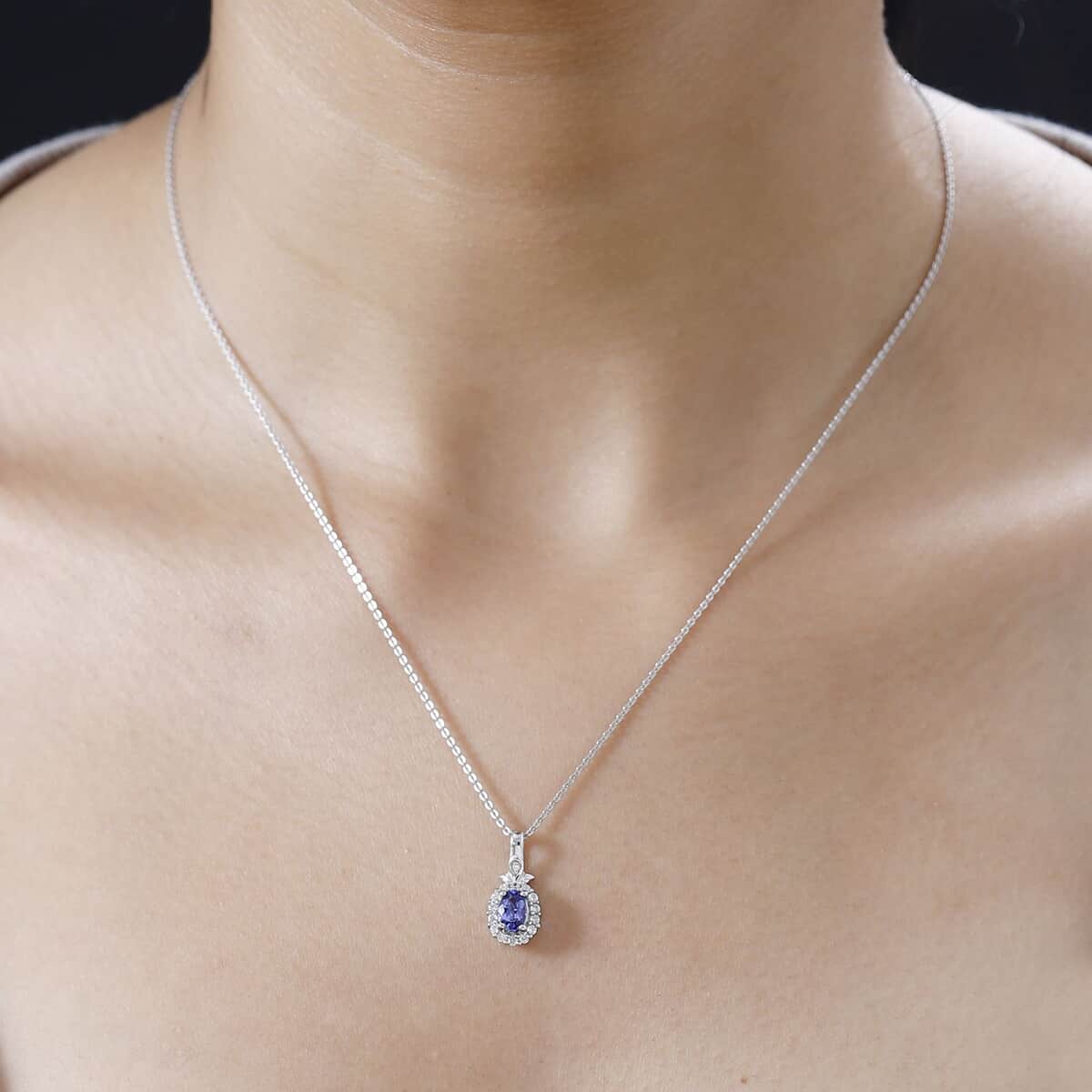 AAA Tanzanite and White Zircon Halo Pendant Necklace 20 Inches in Platinum Over Sterling Silver 0.75 ctw image number 2