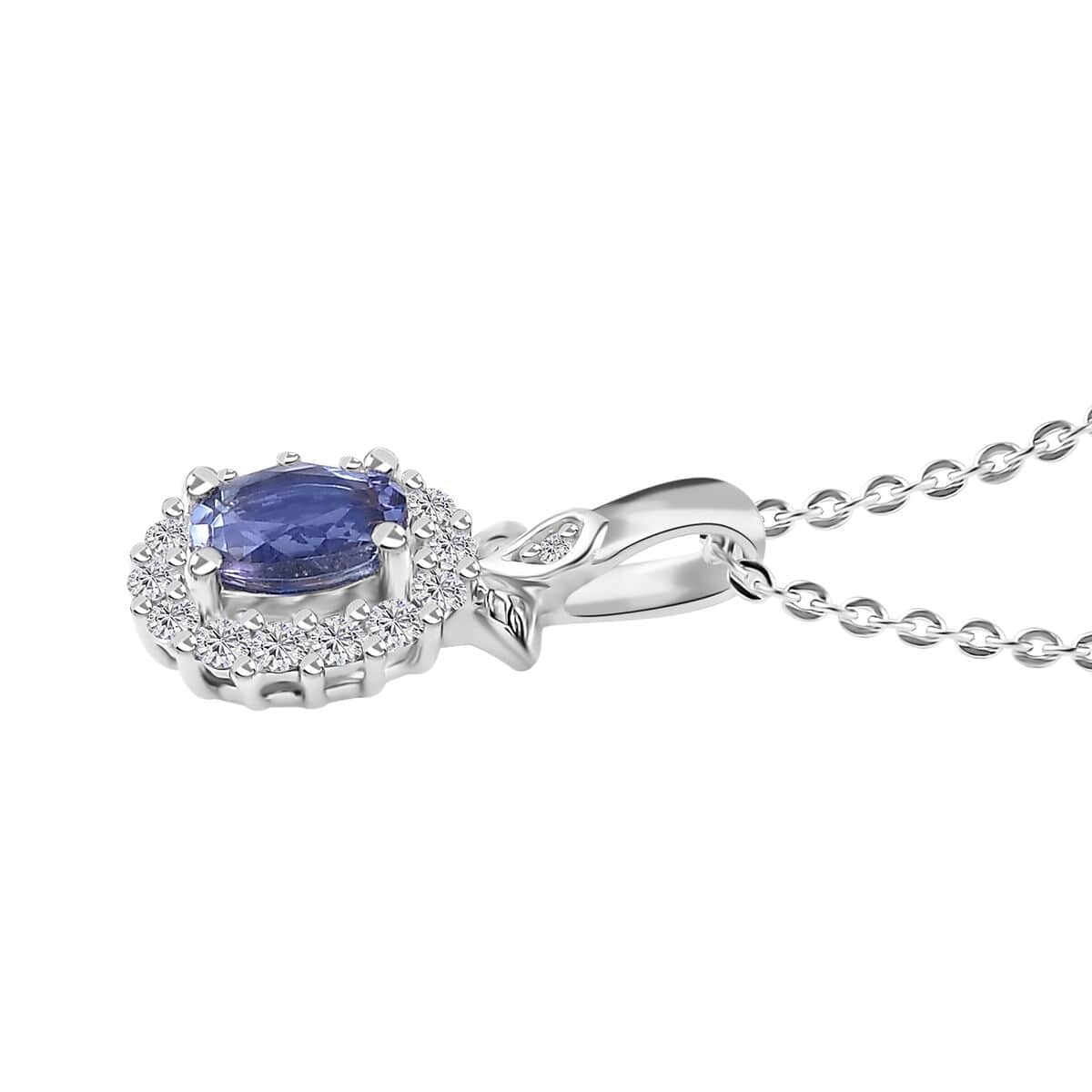 AAA Tanzanite and White Zircon Halo Pendant Necklace 20 Inches in Platinum Over Sterling Silver 0.75 ctw image number 3