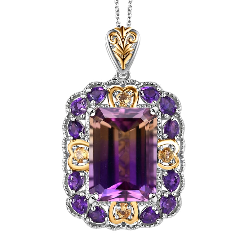 AAA Anahi Ametrine and Multi Gemstone Halo Pendant Necklace 20 Inches in Vermeil YG and Platinum Over Sterling Silver 18.40 ctw