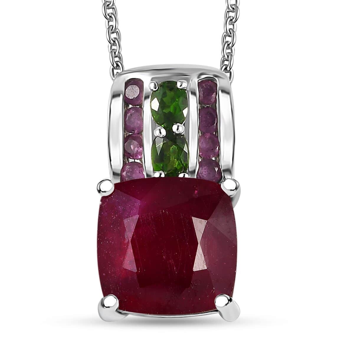 Niassa Ruby (FF) and Chrome Diopside Pendant Necklace 20 Inches in Platinum Over Sterling Silver 11.25 ctw image number 0