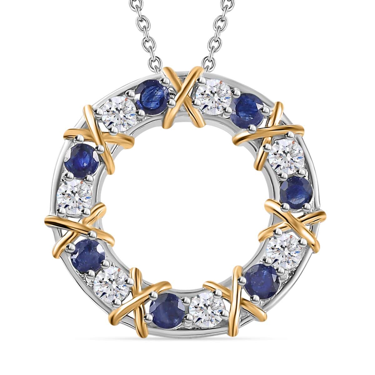 Moissanite and Masoala Sapphire (FF) XOXO Circle Pendant Necklace 20 Inches in Vermeil YG and Platinum Over Sterling Silver 2.10 ctw image number 0