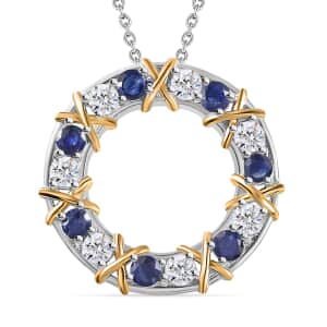 Moissanite and Masoala Sapphire (FF) XOXO Circle Pendant Necklace 20 Inches in Vermeil YG and Platinum Over Sterling Silver 2.10 ctw