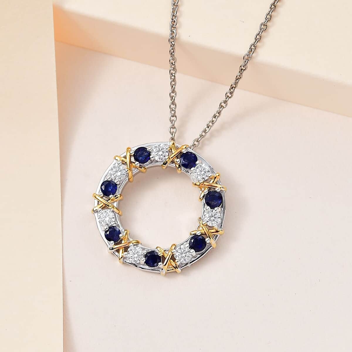 Masoala Sapphire (FF) and Moissanite XOXO Pendant Necklace 20 Inches in Vermeil YG and Platinum Over Sterling Silver 2.10 ctw image number 1