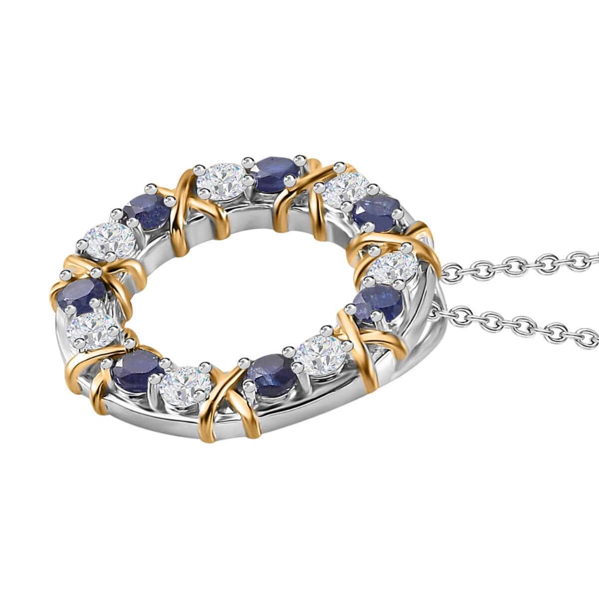 Masoala Sapphire (FF) and Moissanite XOXO Pendant Necklace 20 Inches in Vermeil YG and Platinum Over Sterling Silver 2.10 ctw image number 3