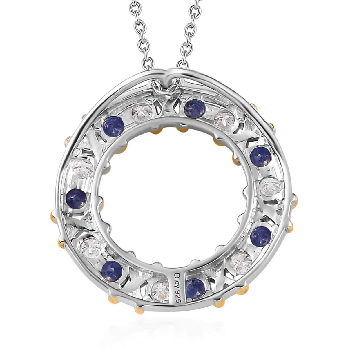 Moissanite and Masoala Sapphire (FF) XOXO Circle Pendant Necklace 20 Inches in Vermeil YG and Platinum Over Sterling Silver 2.10 ctw image number 4