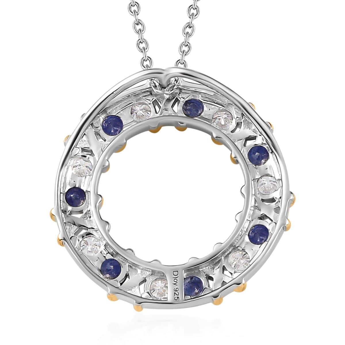 Masoala Sapphire (FF) and Moissanite XOXO Pendant Necklace 20 Inches in Vermeil YG and Platinum Over Sterling Silver 2.10 ctw image number 4