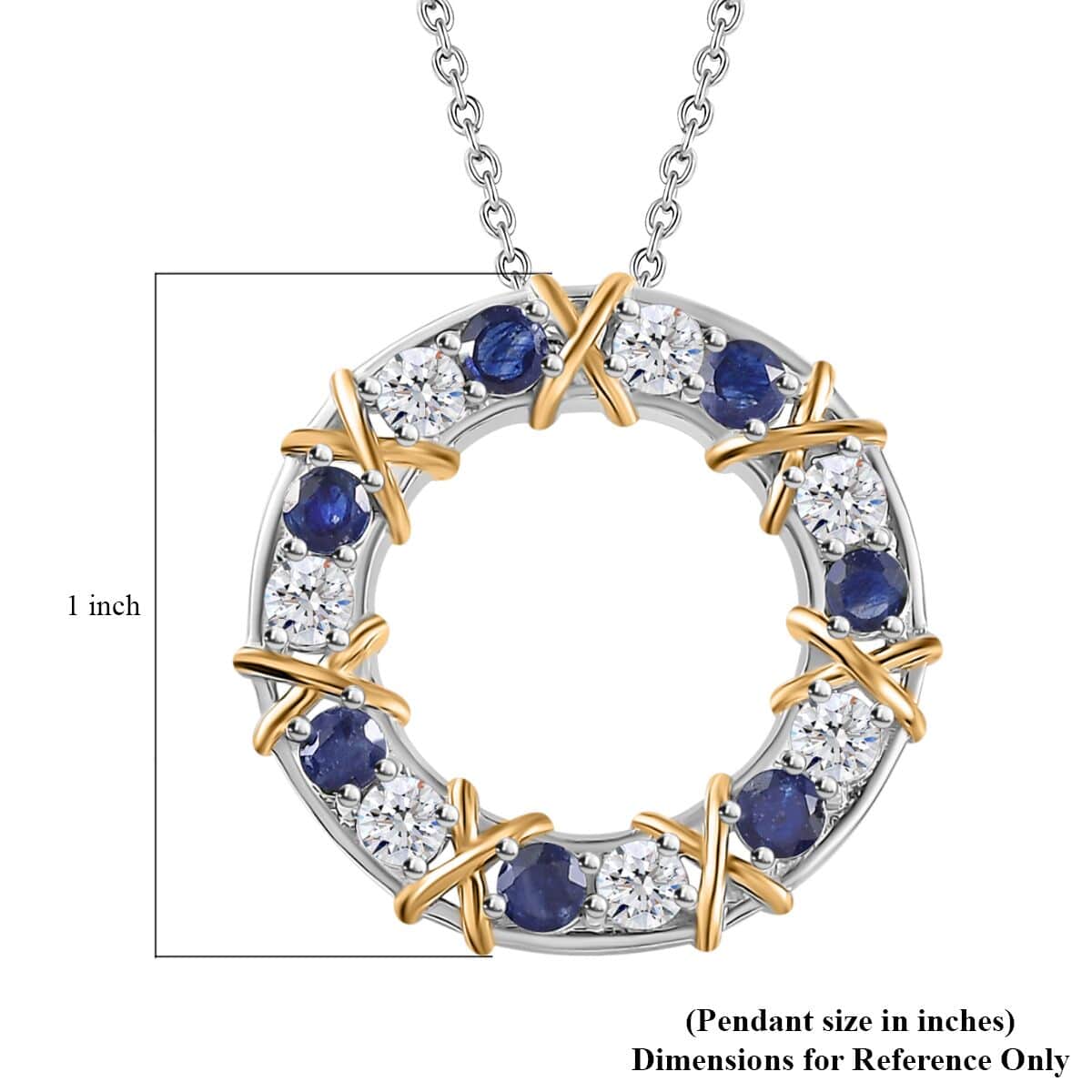 Moissanite and Masoala Sapphire (FF) XOXO Circle Pendant Necklace 20 Inches in Vermeil YG and Platinum Over Sterling Silver 2.10 ctw image number 6