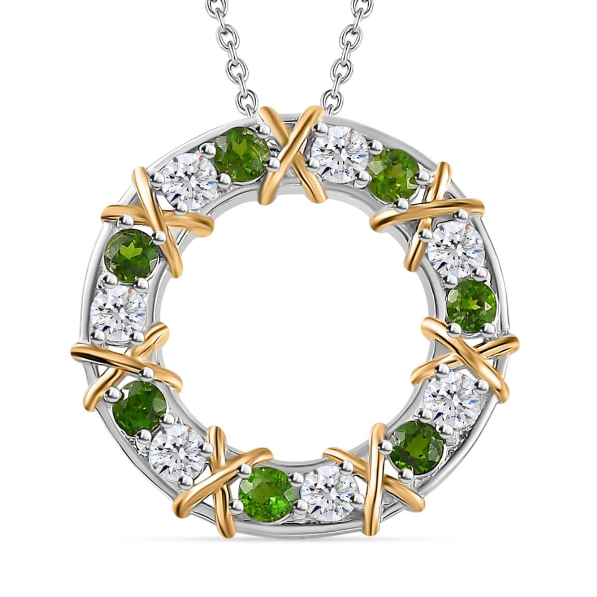 Moissanite and Chrome Diopside XOXO Circle Pendant Necklace 20 Inches in Vermeil YG and Platinum Over Sterling Silver 2.25 ctw image number 0