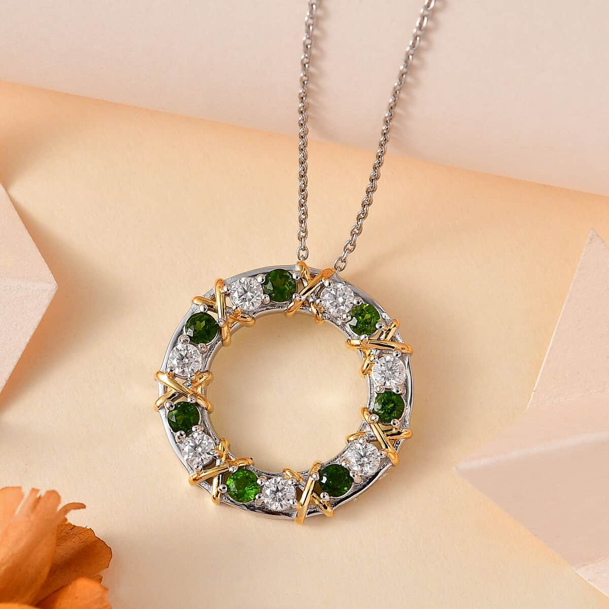 Moissanite and Chrome Diopside XOXO Circle Pendant Necklace 20 Inches in Vermeil YG and Platinum Over Sterling Silver 2.25 ctw image number 1