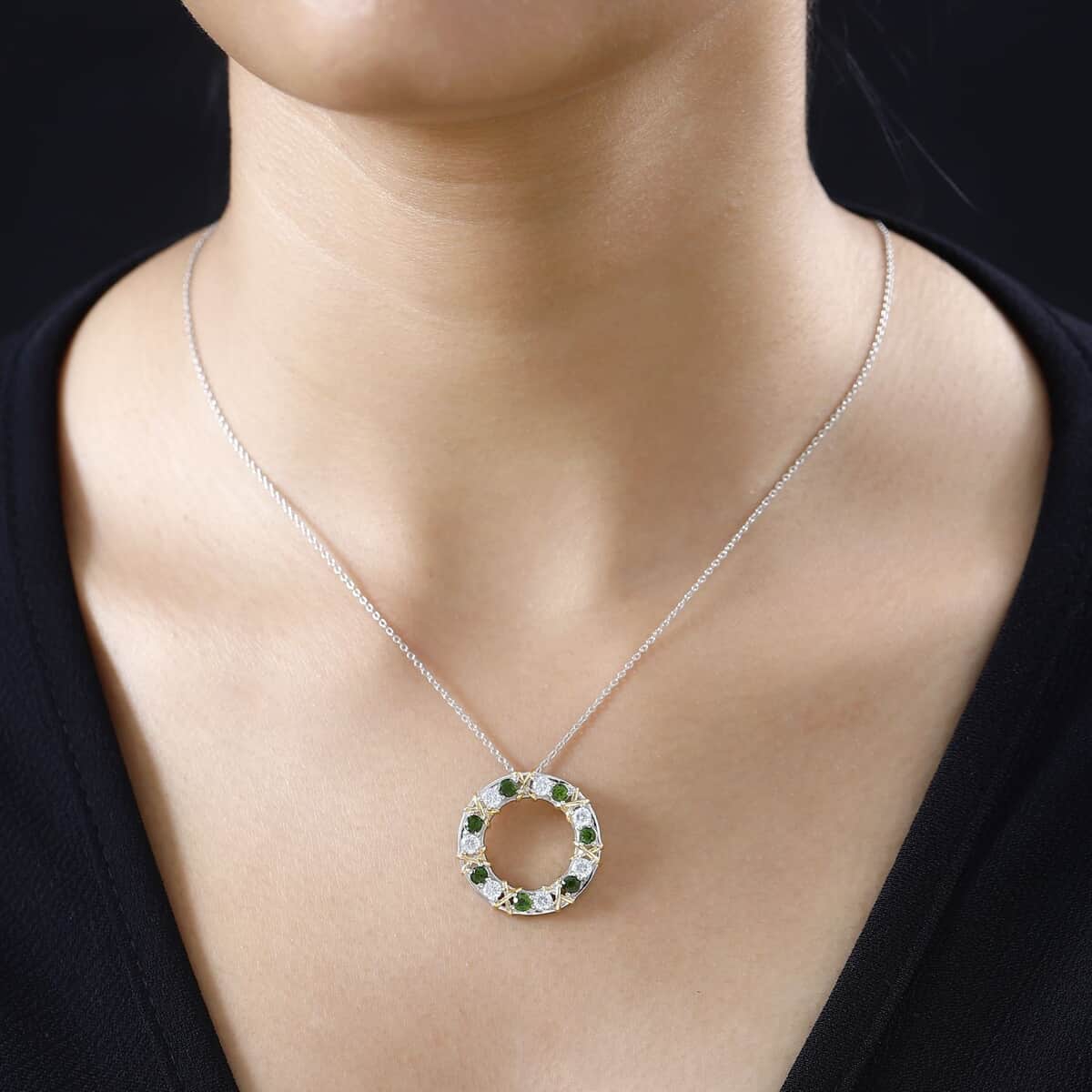 Moissanite and Chrome Diopside XOXO Circle Pendant Necklace 20 Inches in Vermeil YG and Platinum Over Sterling Silver 2.25 ctw image number 2