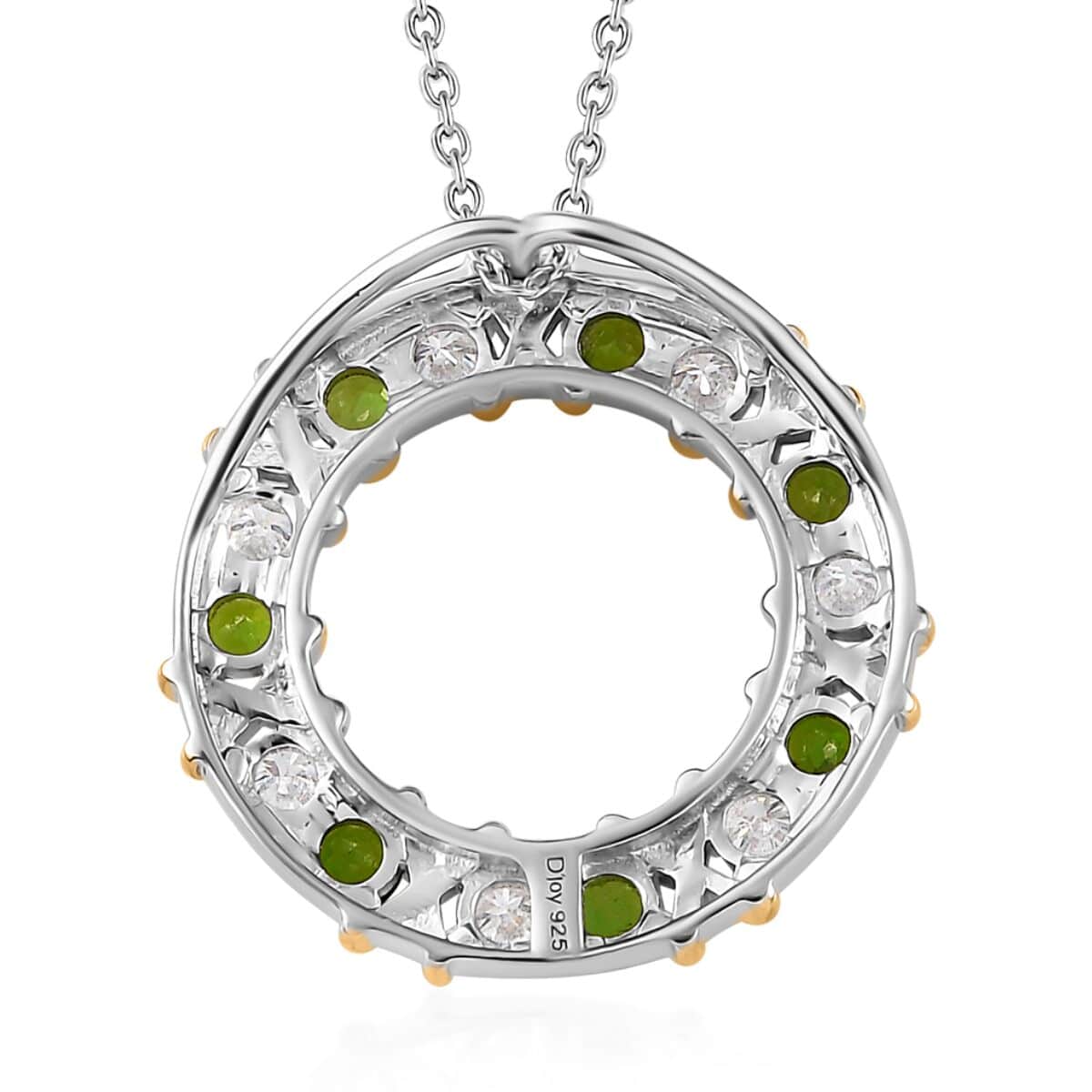 Moissanite and Chrome Diopside XOXO Circle Pendant Necklace 20 Inches in Vermeil YG and Platinum Over Sterling Silver 2.25 ctw image number 4