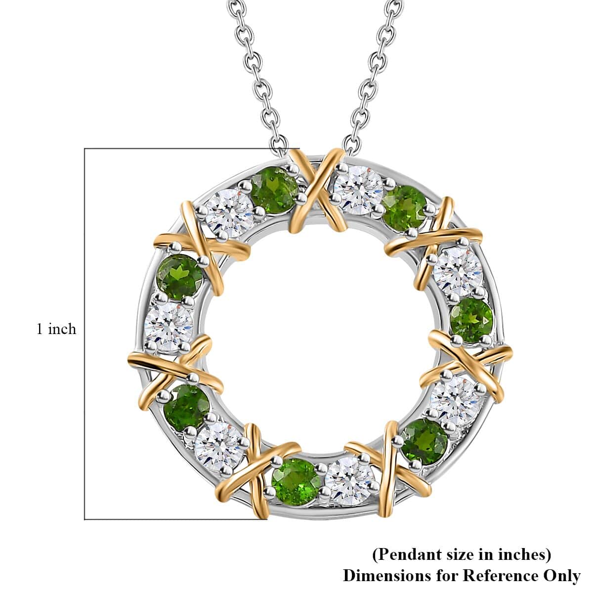 Moissanite and Chrome Diopside XOXO Circle Pendant Necklace 20 Inches in Vermeil YG and Platinum Over Sterling Silver 2.25 ctw image number 6