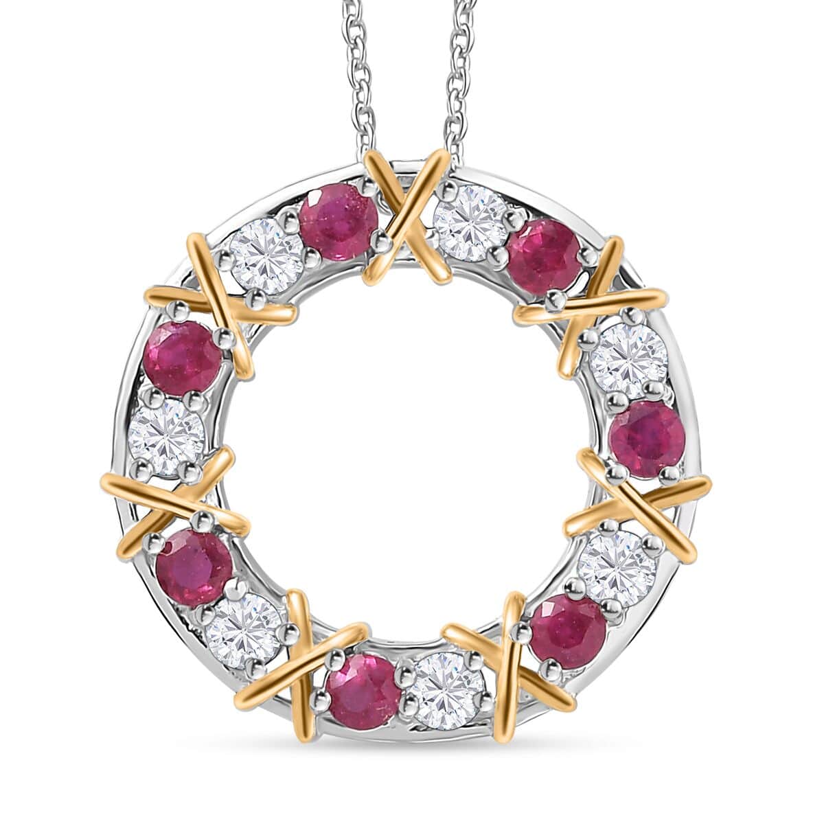 Moissanite and Niassa Ruby (FF) Circle XOXO Pendant Necklace 20 Inches in Vermeil YG and Platinum Over Sterling Silver 2.25 ctw image number 0