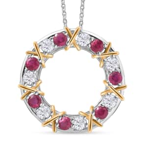 Moissanite and Niassa Ruby (FF) Circle XOXO Pendant Necklace 20 Inches in Vermeil YG and Platinum Over Sterling Silver 2.25 ctw
