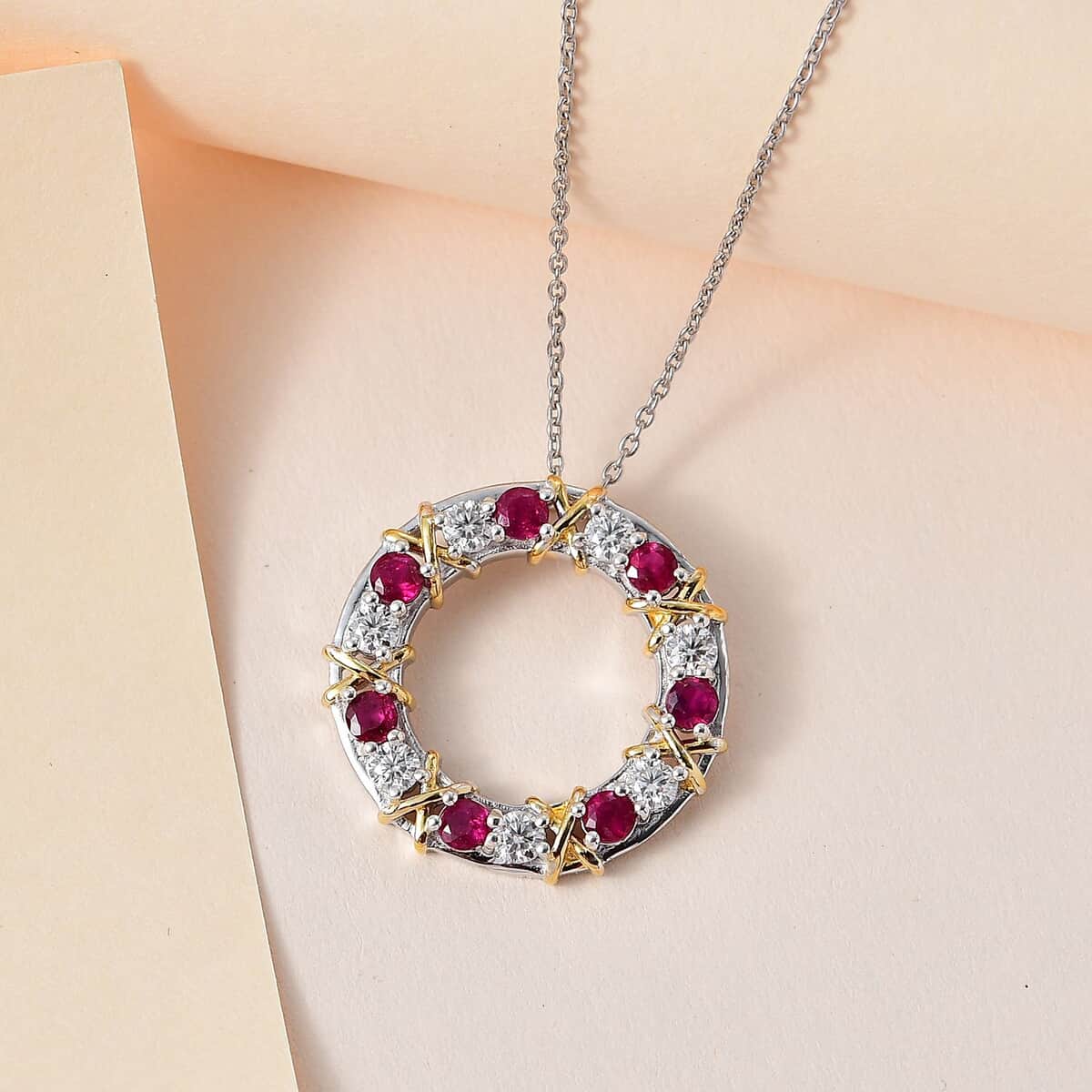 Moissanite and Niassa Ruby (FF) Circle XOXO Pendant Necklace 20 Inches in Vermeil YG and Platinum Over Sterling Silver 2.25 ctw image number 1