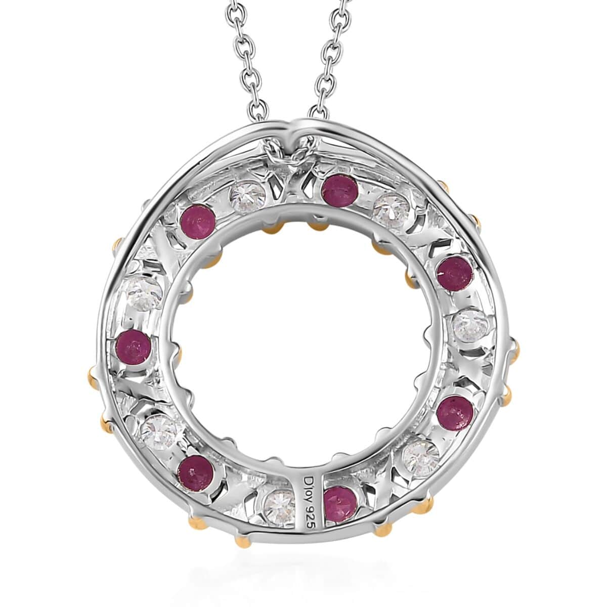 Moissanite and Niassa Ruby (FF) Circle XOXO Pendant Necklace 20 Inches in Vermeil YG and Platinum Over Sterling Silver 2.25 ctw image number 4