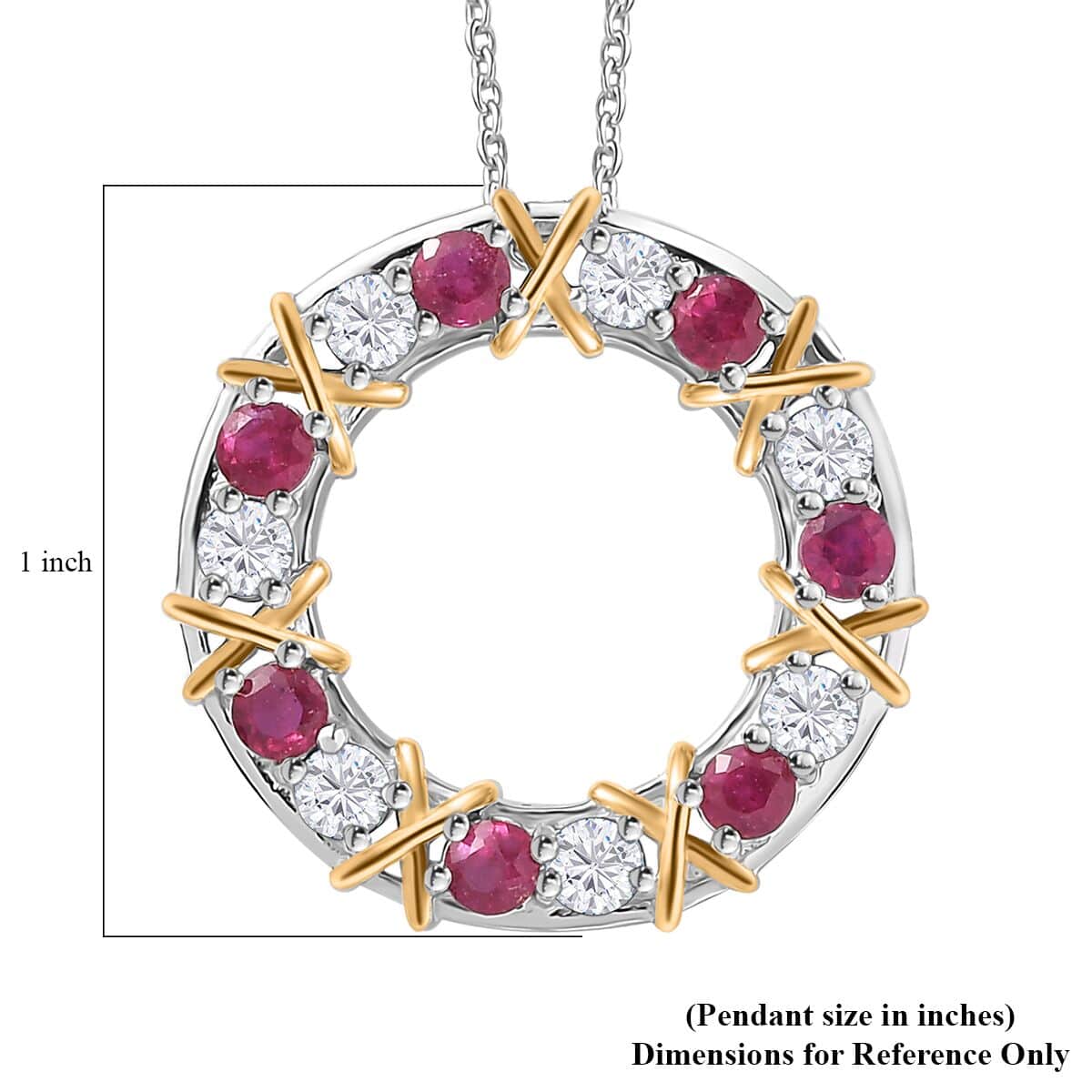 Moissanite and Niassa Ruby (FF) Circle XOXO Pendant Necklace 20 Inches in Vermeil YG and Platinum Over Sterling Silver 2.25 ctw image number 6