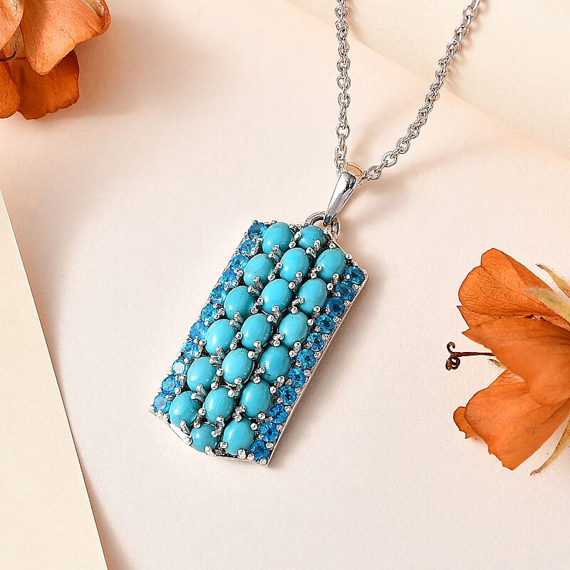 Premium Sleeping Beauty Turquoise and Malgache Neon Apatite Pendant Necklace 20 Inches in Platinum Over Sterling Silver 3.90 ctw