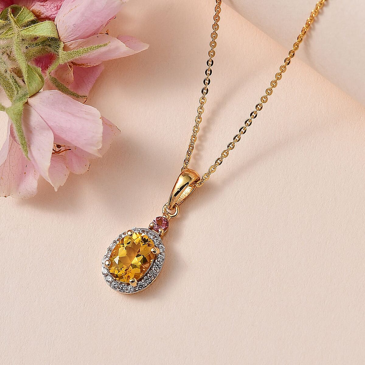 Brazilian Heliodor and Multi Gemstone Halo Pendant Necklace 20 Inches in Vermeil Yellow Gold Over Sterling Silver 1.50 ctw image number 1