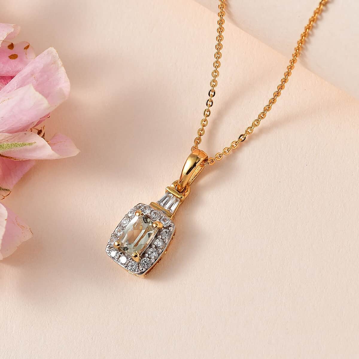 AAA Turkizite and White Zircon Halo Pendant Necklace 20 Inches in Vermeil Yellow Gold Over Sterling Silver 1.10 ctw image number 1